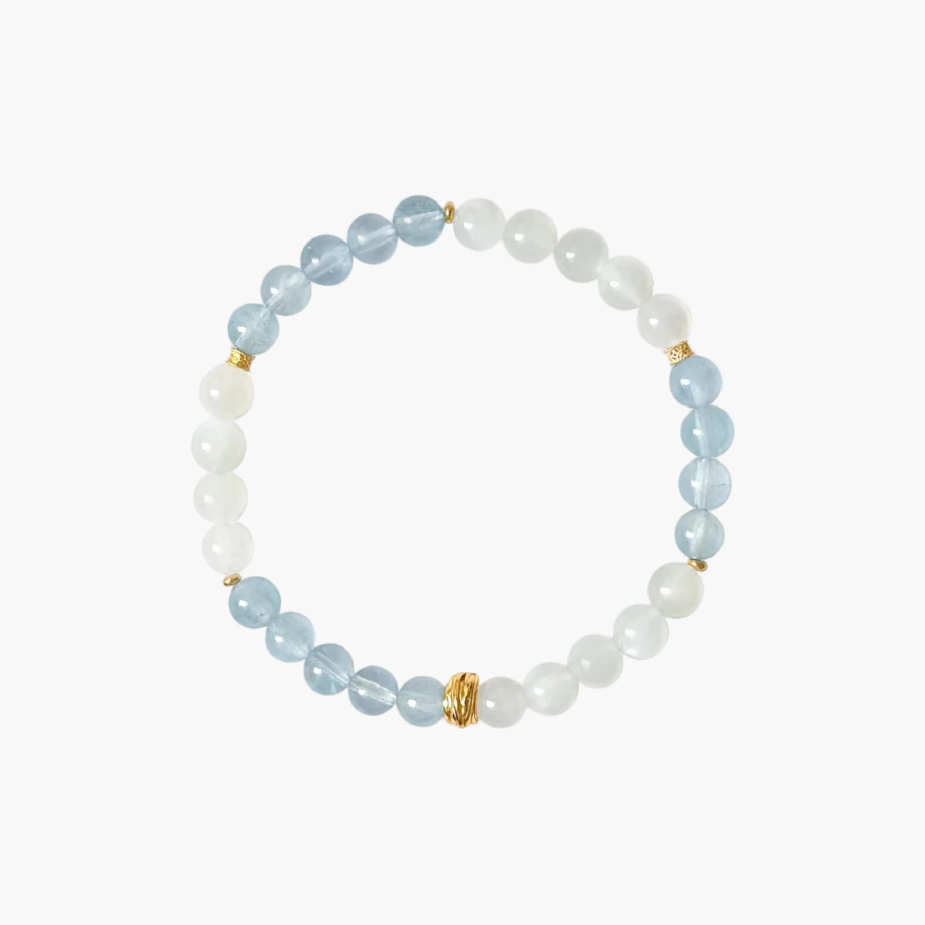 Hero image—6mm aquamarine and white moonstone beaded stretch bracelet with small gold-plated S925 spacers on a white background.