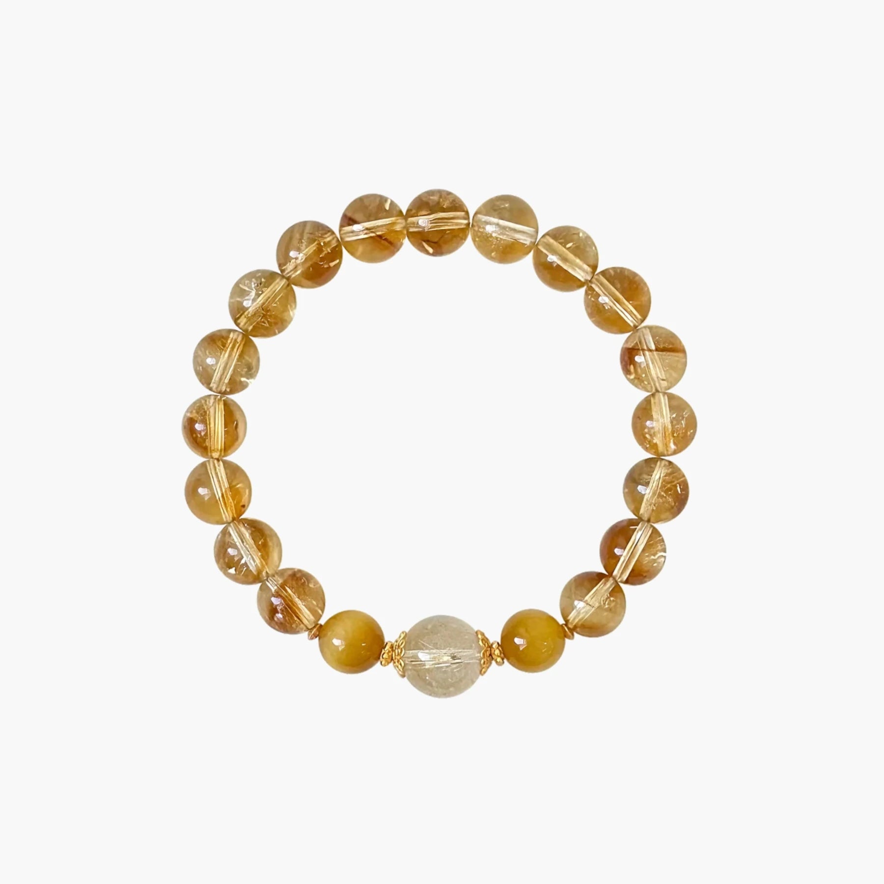 Hero product image—citrine focal bracelet with rutilated quartz and golden tiger’s eye; gold-plated S925 beaded stretch, gray background.