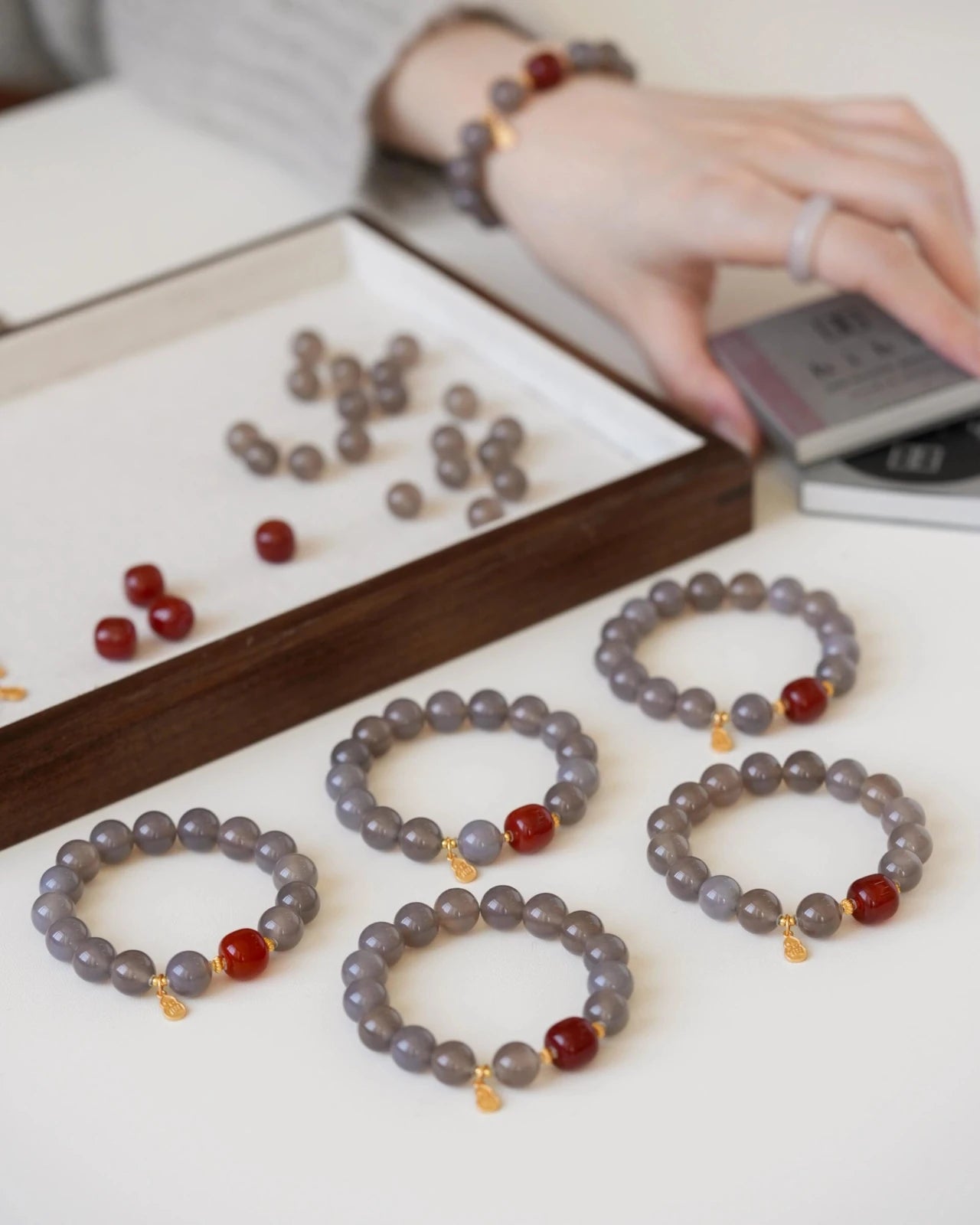 Collection of Balanced Energy Bracelets with Red Agate and Gray Agate beads, natural gemstone jewelry