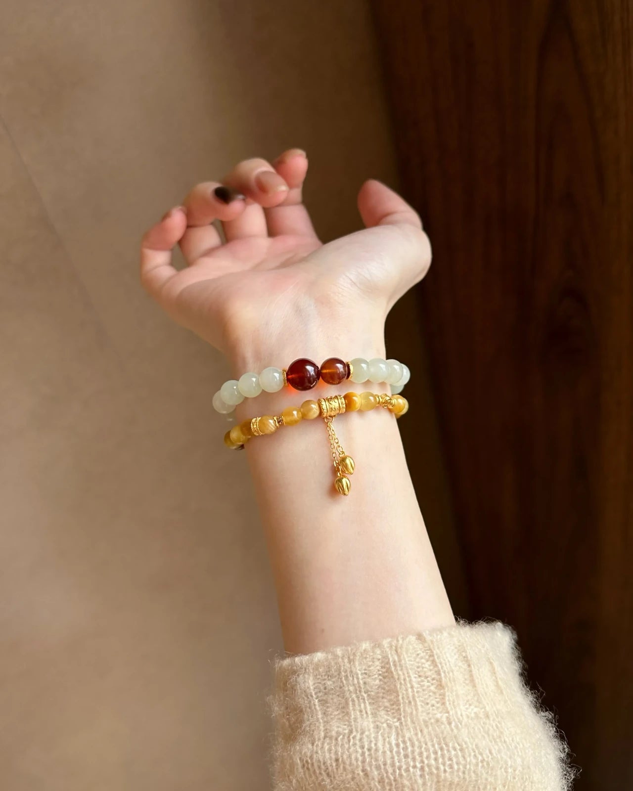 Everyday lifestyle stack—6mm golden tigers eye beaded stretch bracelet with gold-plated S925; minimalist stacking bracelet for confidence, clarity and subtle protection.