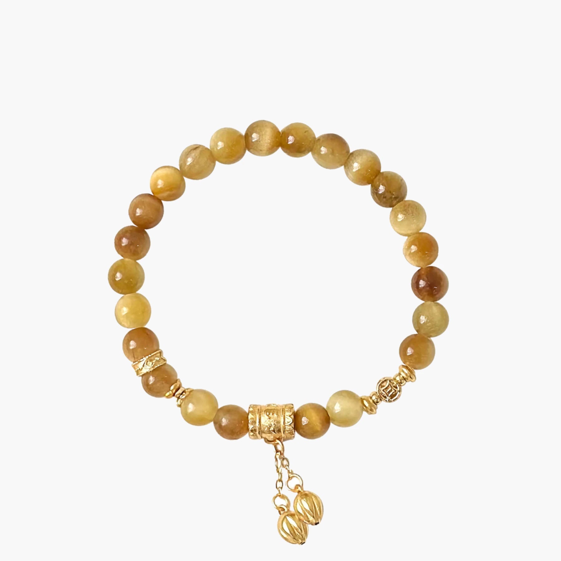 Golden tiger’s eye (tiger eye) bracelet — 6mm beaded stretch with gold-plated S925 accents and twin charm chain; hero image, Solar Guardian.