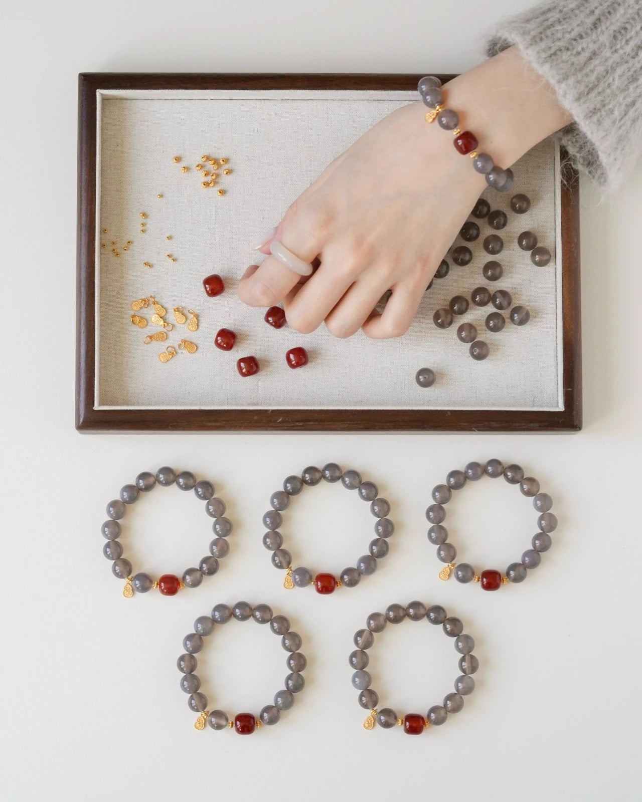 Set of Balanced Energy Bracelets with Red Agate and Gray Agate beads, handcrafted natural stone jewelry for women