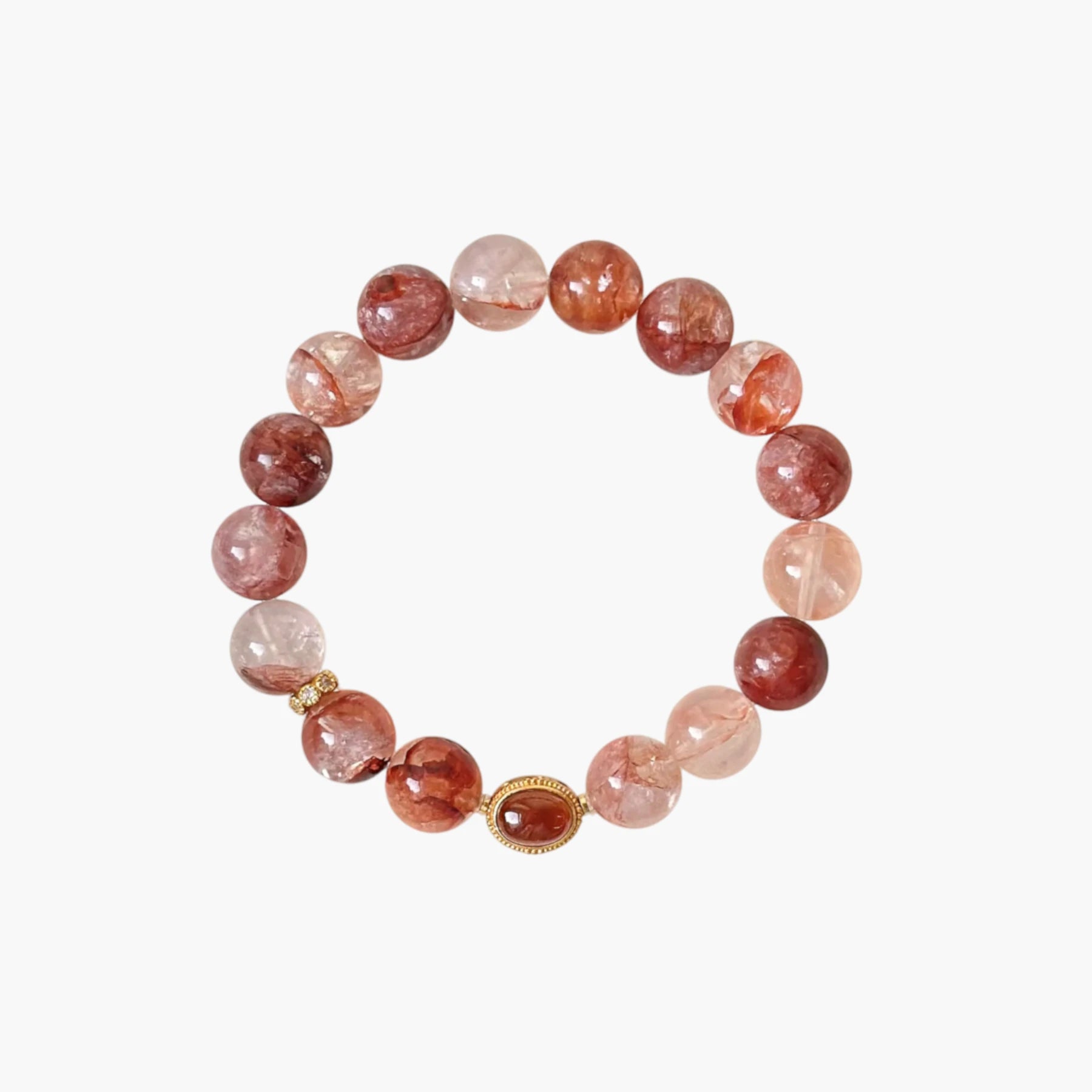 Rooted Radiance Bracelet—hematoid (fire) quartz with garnet cabochon and gold accents on gray