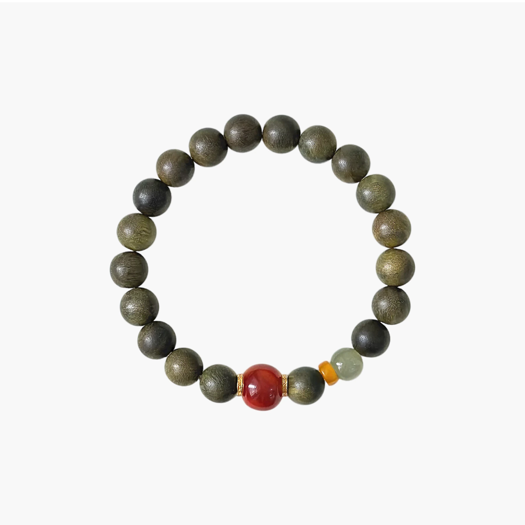 Vital Harmony Bracelet with green sandalwood beads, red agate focal, amber spacers, and jade accents on elastic cord.