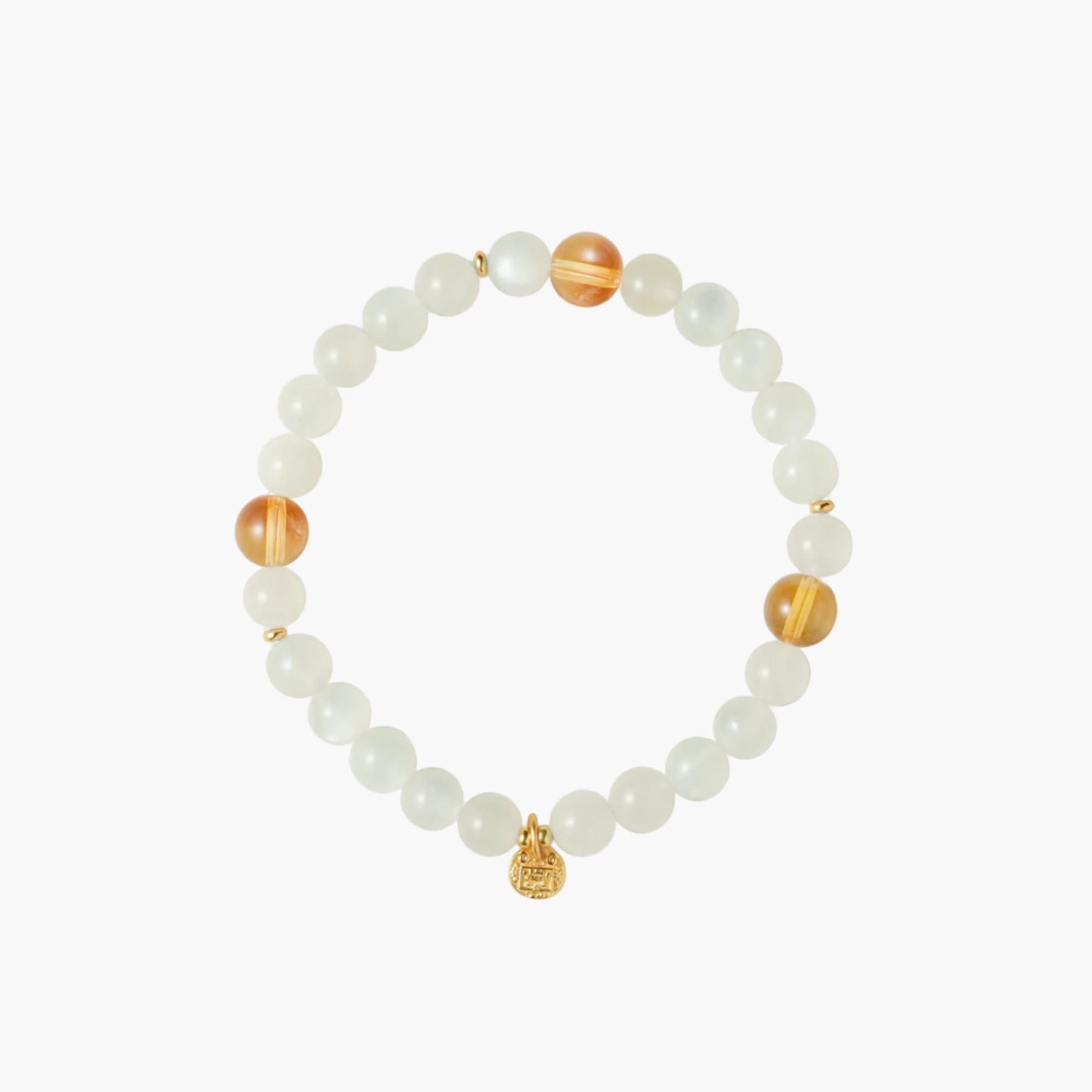 Hero image—white moonstone 6mm beaded stretch bracelet with 7mm citrine accents and a gold-plated S925 charm, gray background.