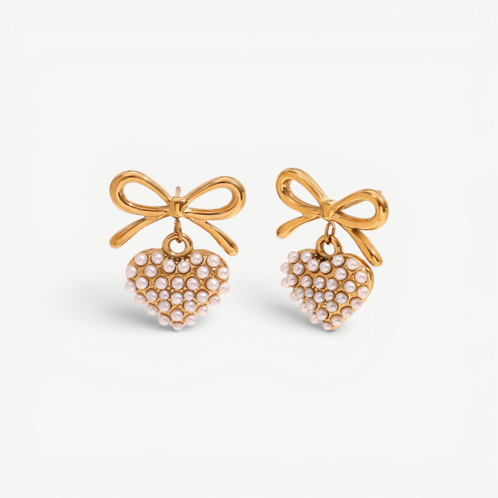 Pearl Heart Bow Earrings