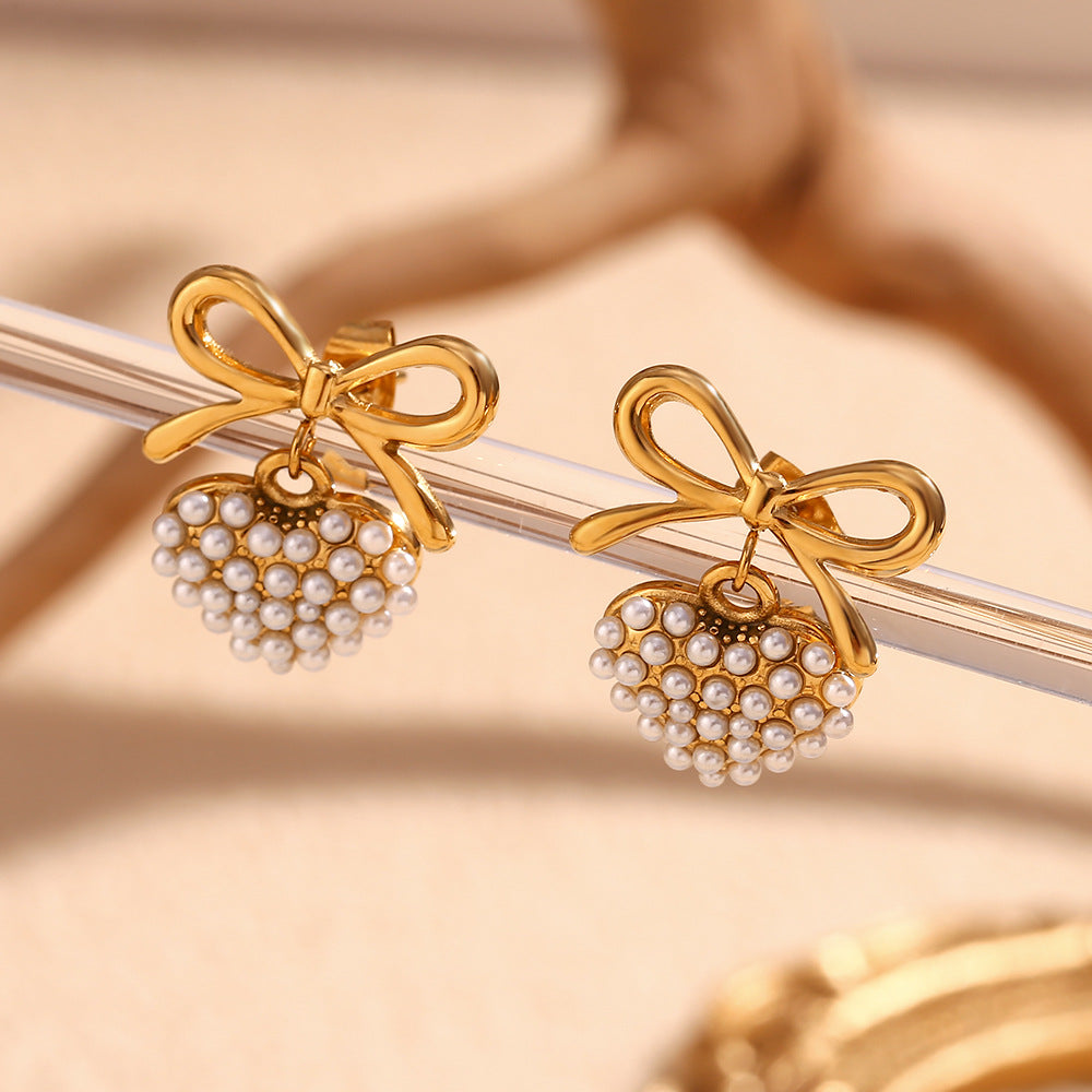 Pearl Heart Bow Earrings