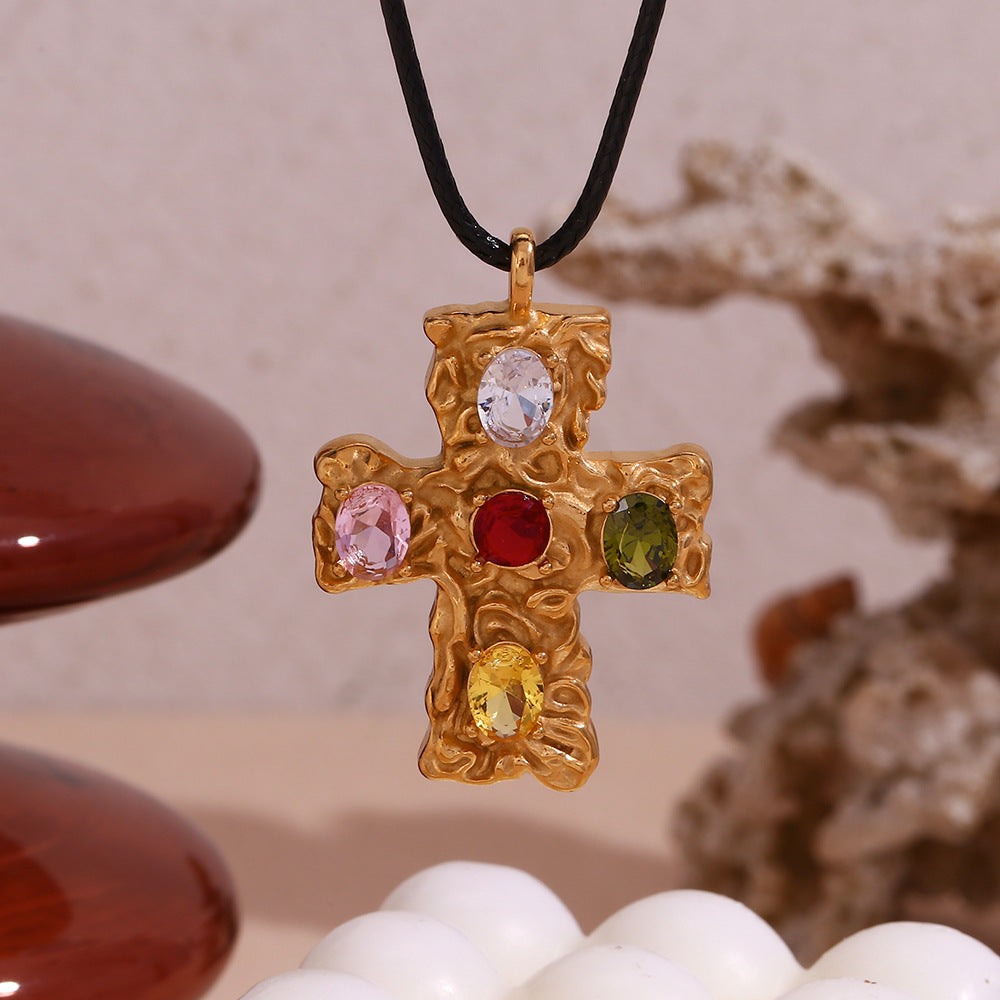 Multi Stone Cross Cord Necklace