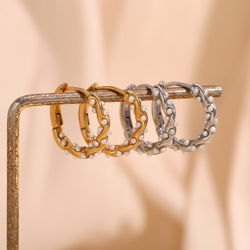 Wavy Pearl Huggie Earrings