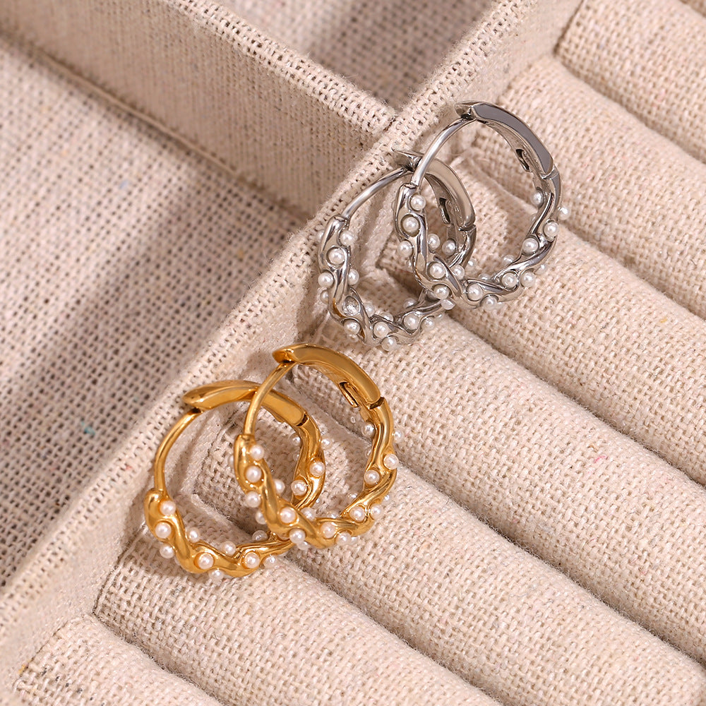 Wavy Pearl Huggie Earrings