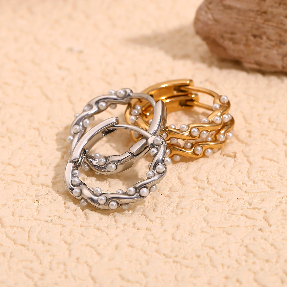Wavy Pearl Huggie Earrings