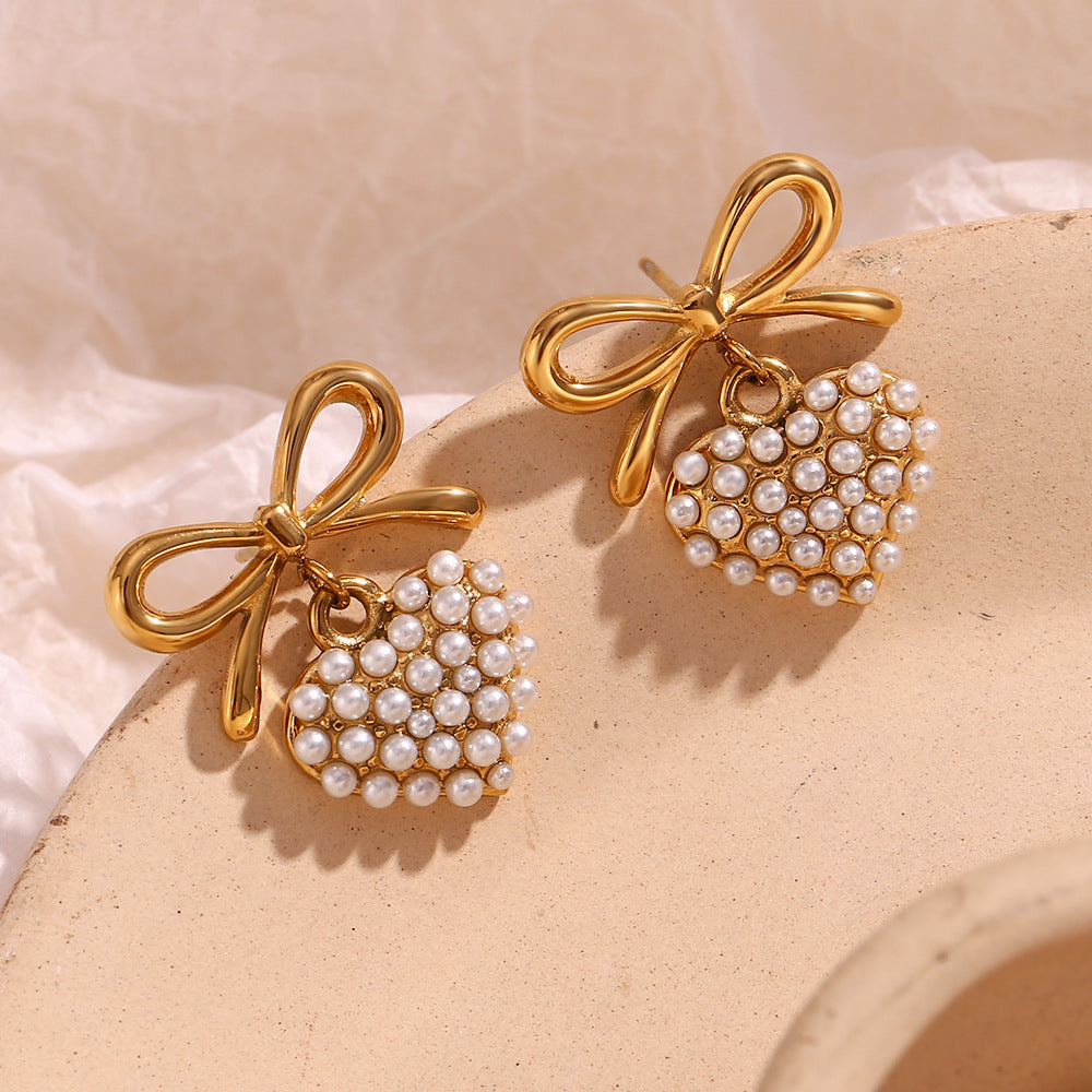 Pearl Heart Bow Earrings