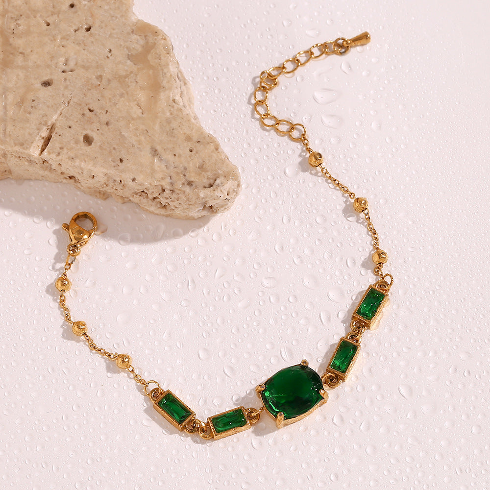 Emerald Cushion Beaded Chain Bracelet