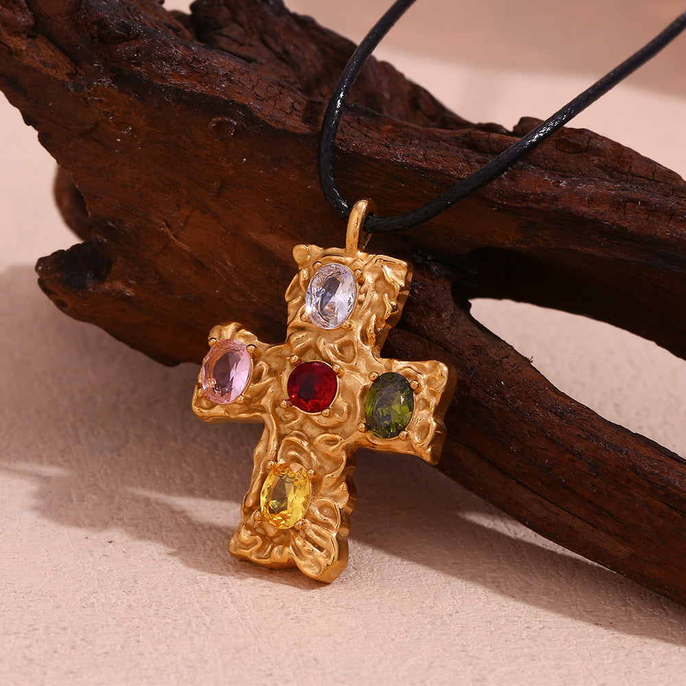 Multi Stone Cross Cord Necklace