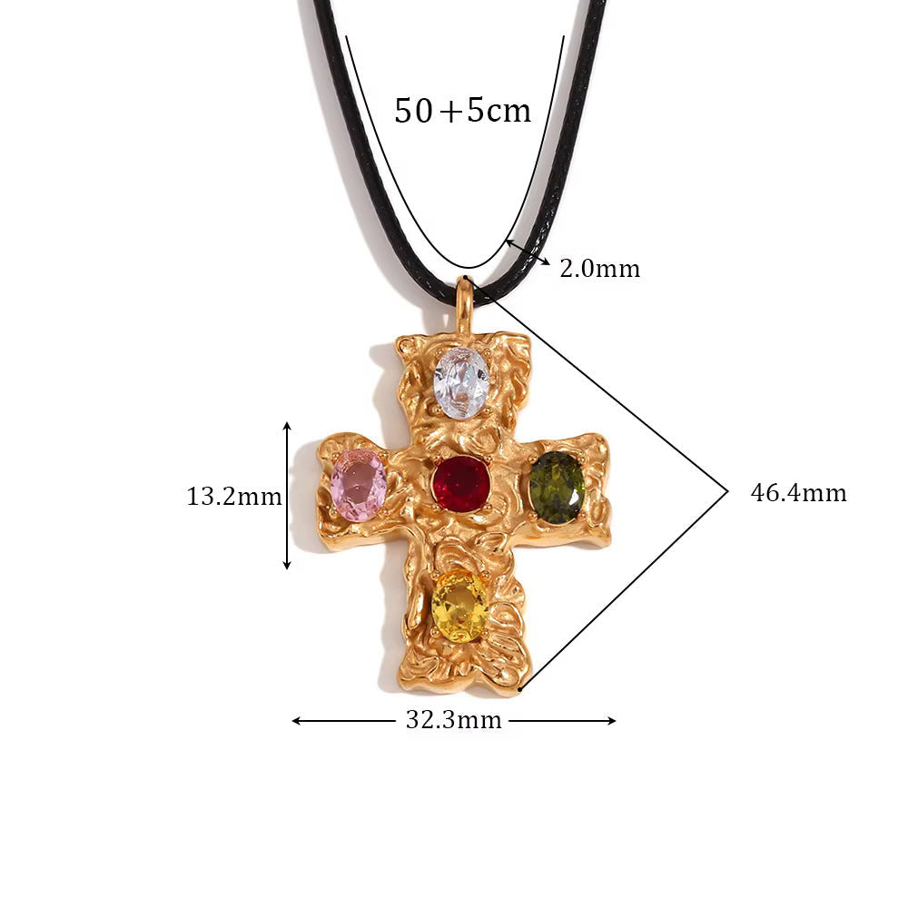 Multi Stone Cross Cord Necklace