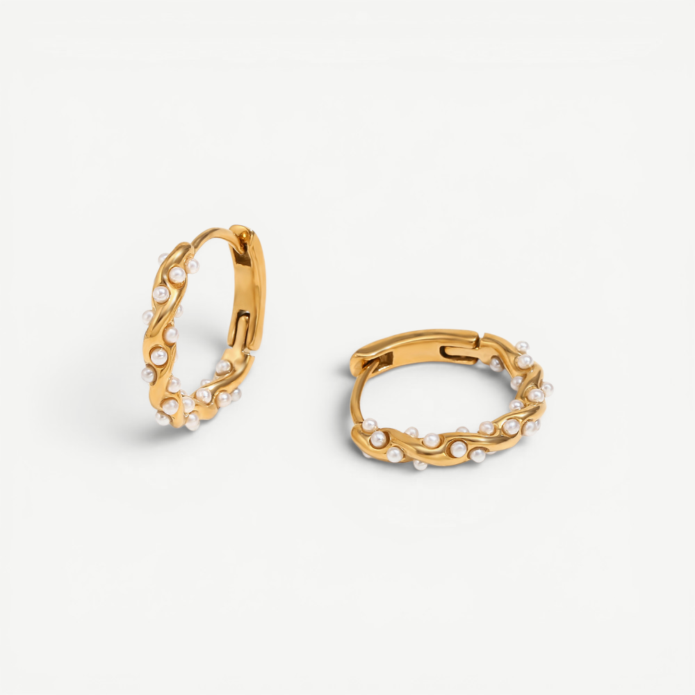 Wavy Pearl Huggie Earrings