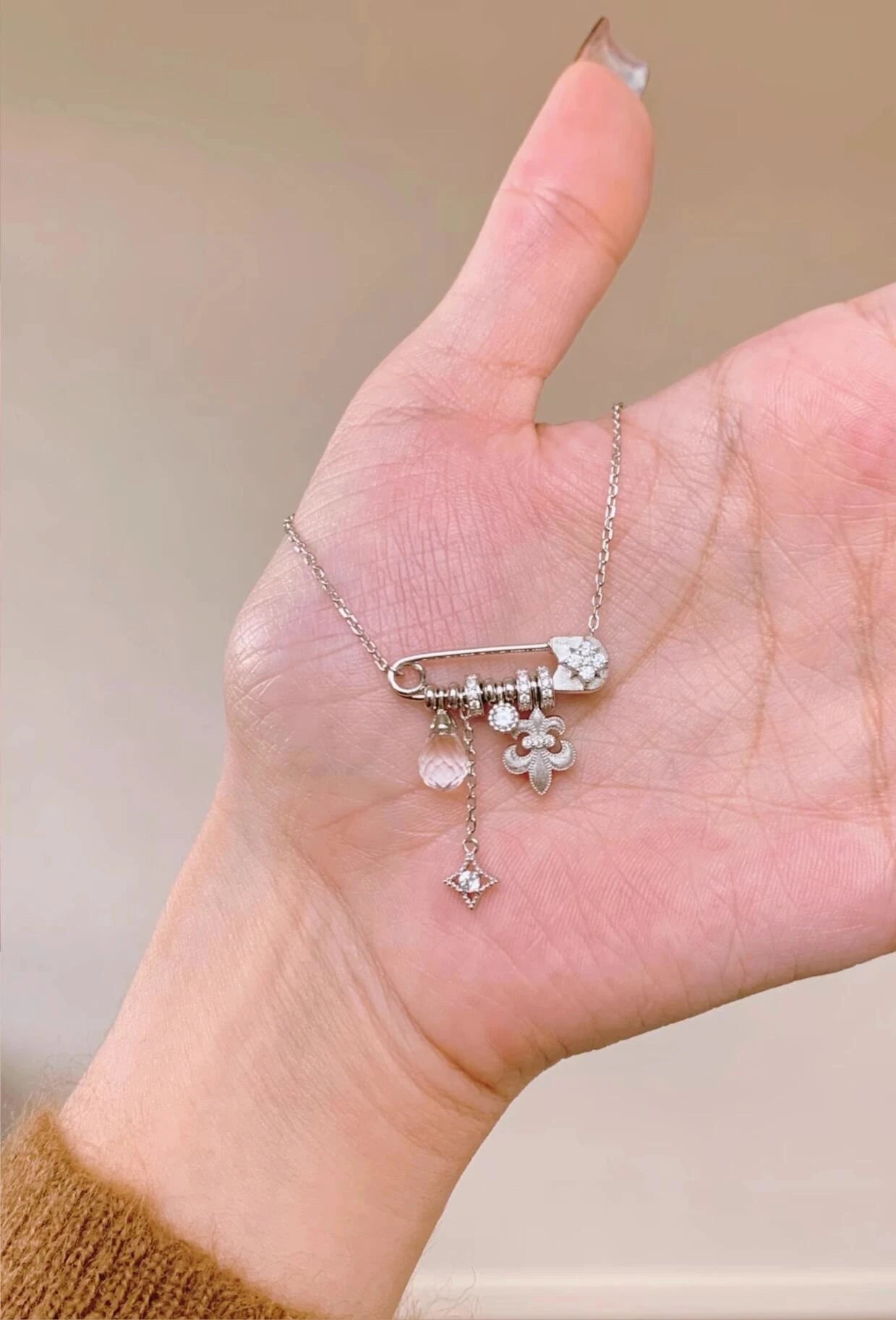 Silver Iris Safety Pin Necklace