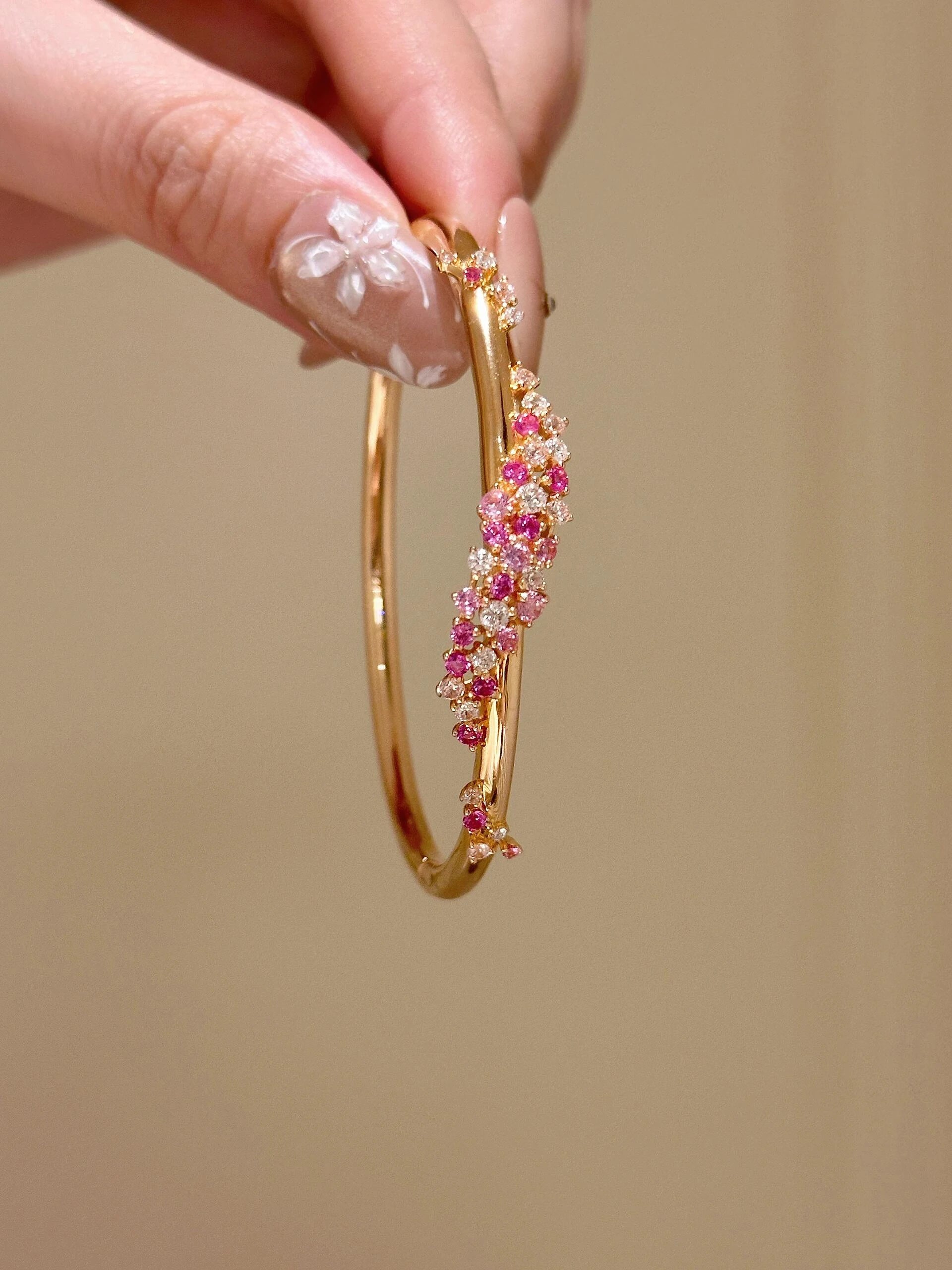 Peach Pink Floral Cluster Bangle Bracelet