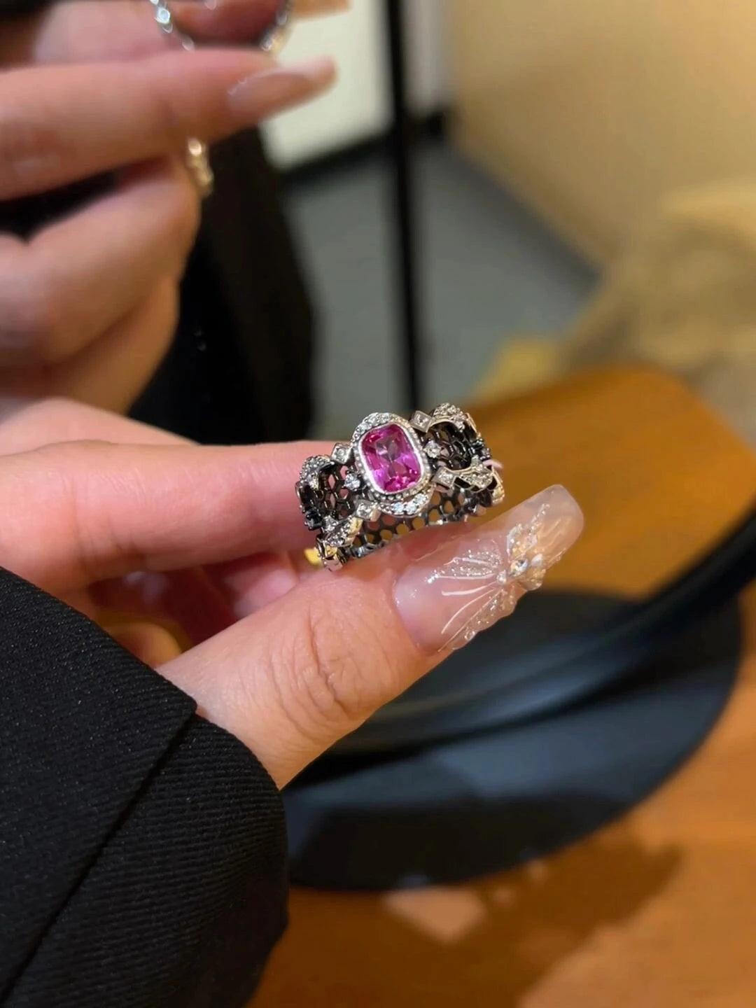 Rubellite Honeycomb Lace Ring