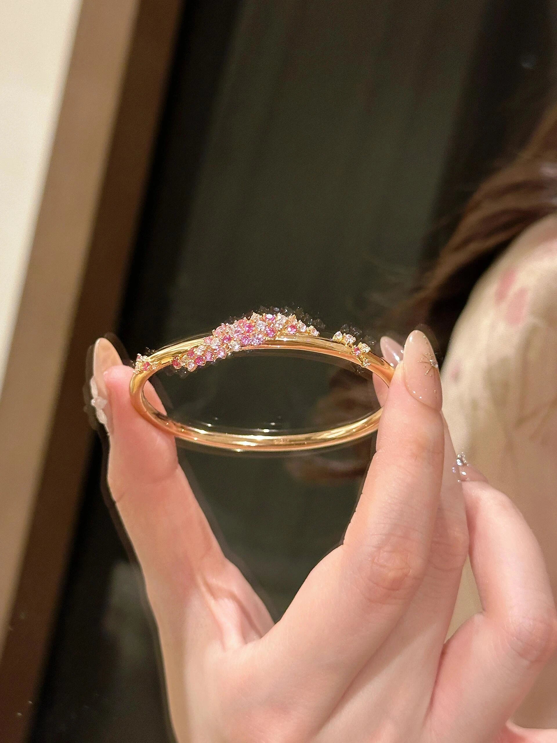 Peach Pink Floral Cluster Bangle Bracelet