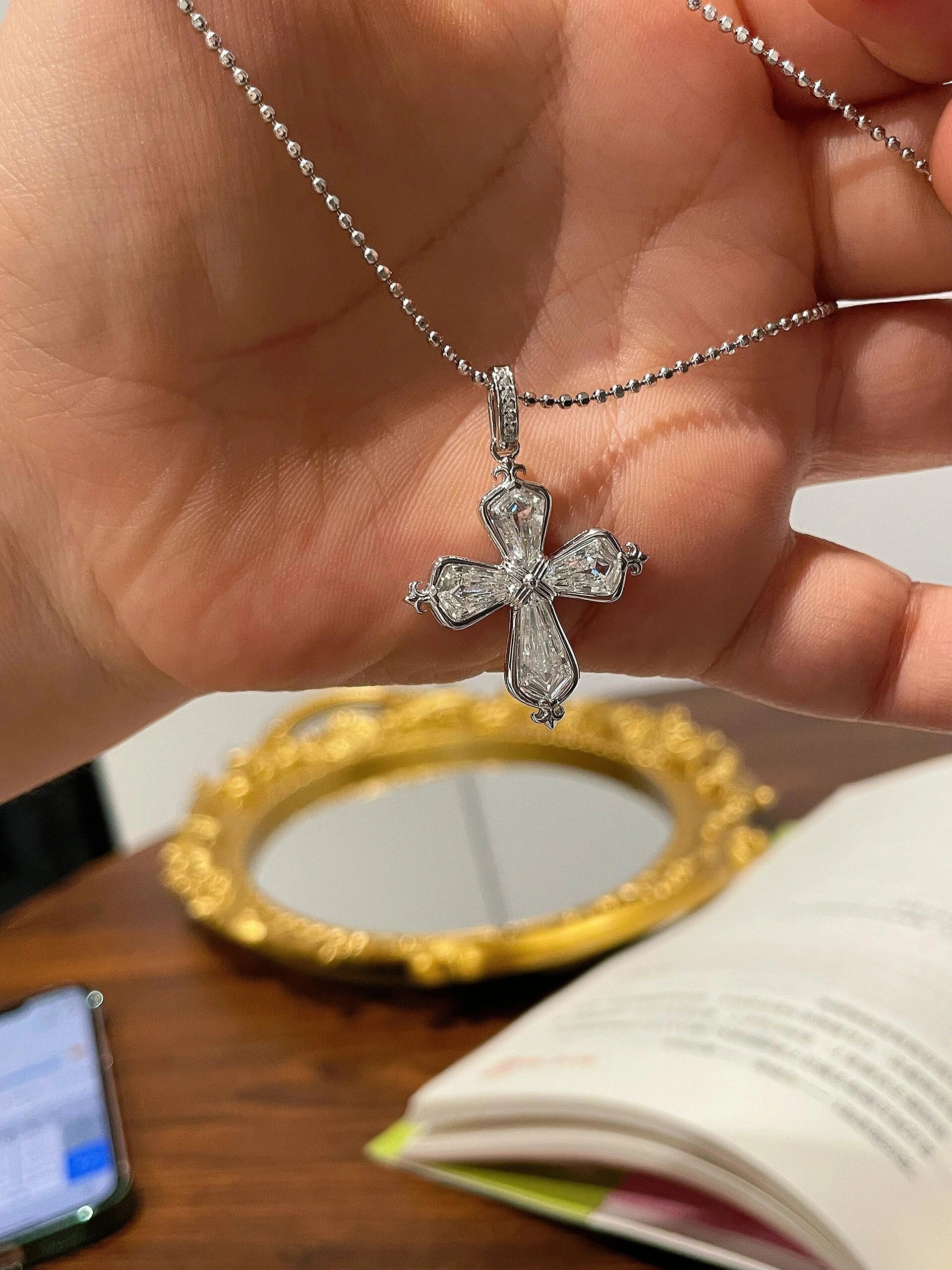 Silver Iris Cross Pendant Necklace