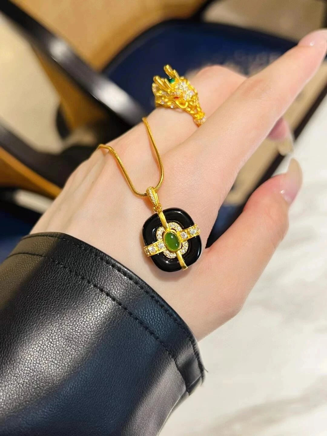 Black Onyx & Emerald Pendant Necklace