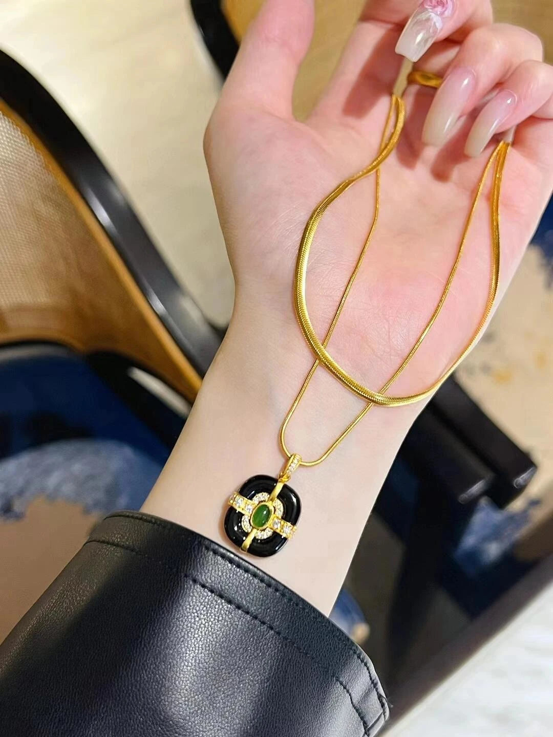 Black Onyx & Emerald Pendant Necklace