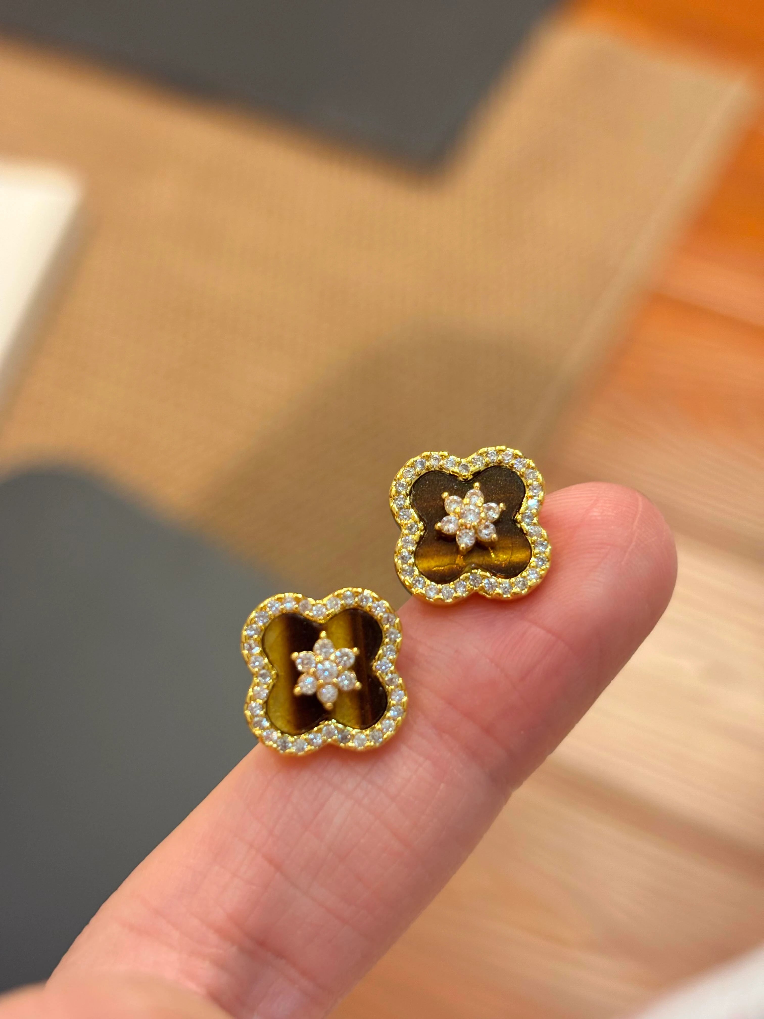 Tiger Eye Clover Stud Earrings