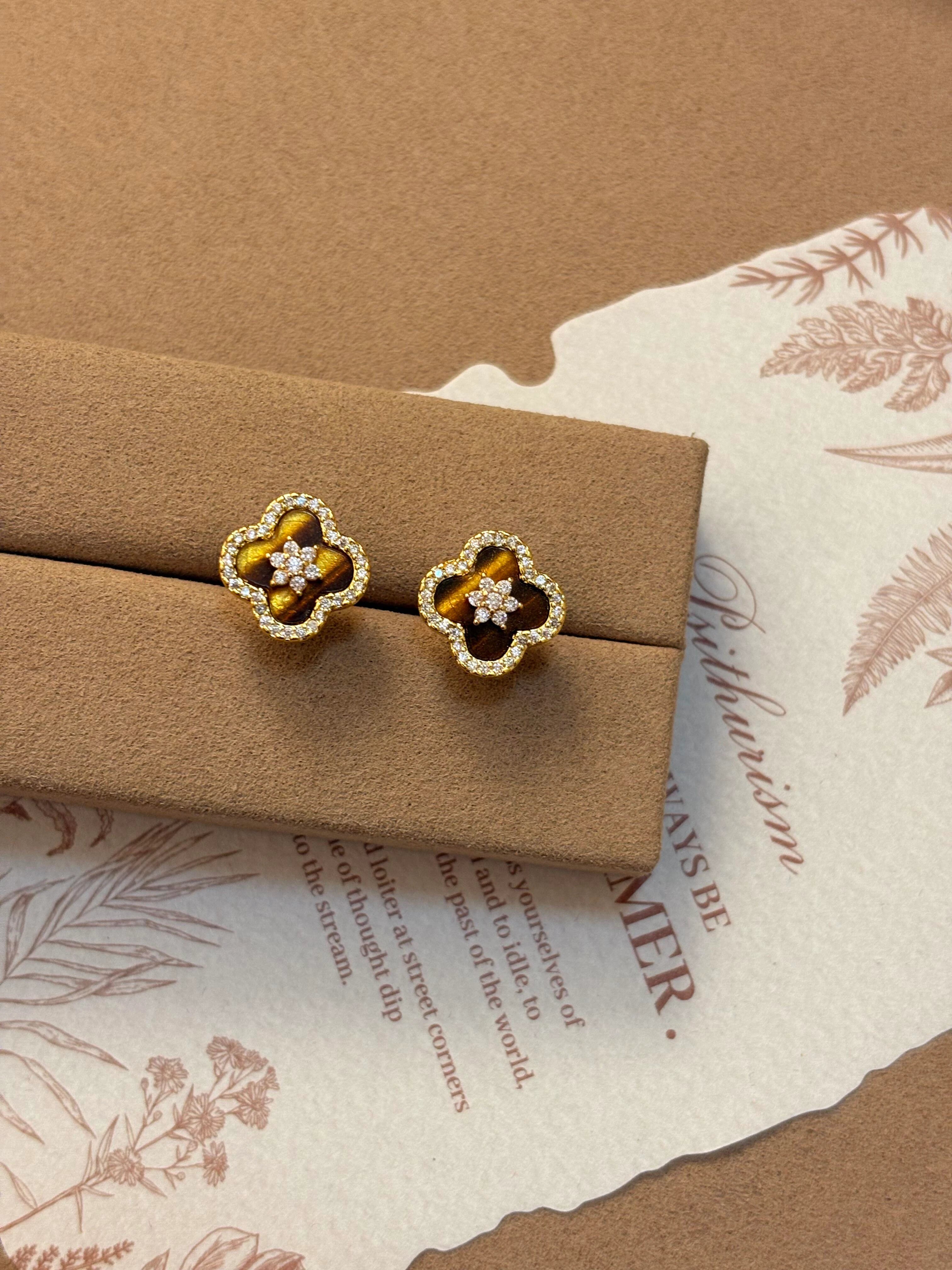 Tiger Eye Clover Stud Earrings