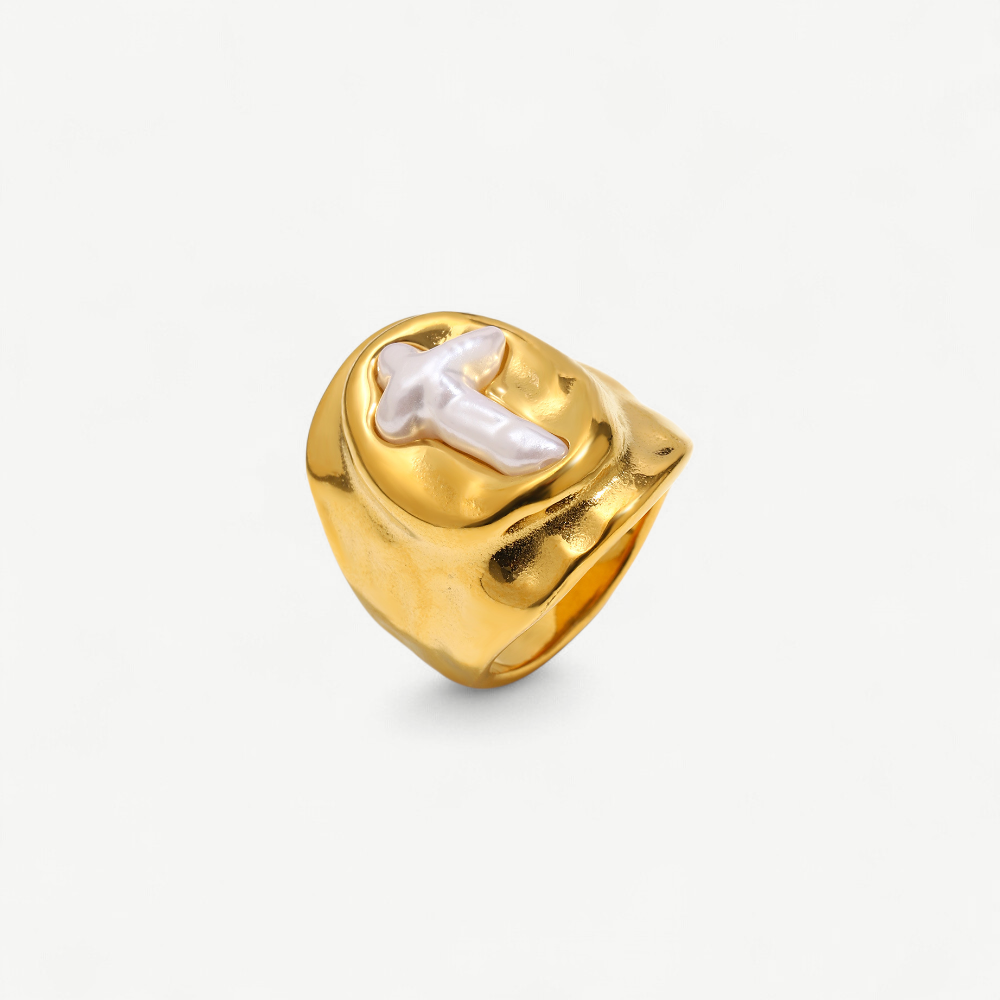 Faux Pearl Cross Signet Ring