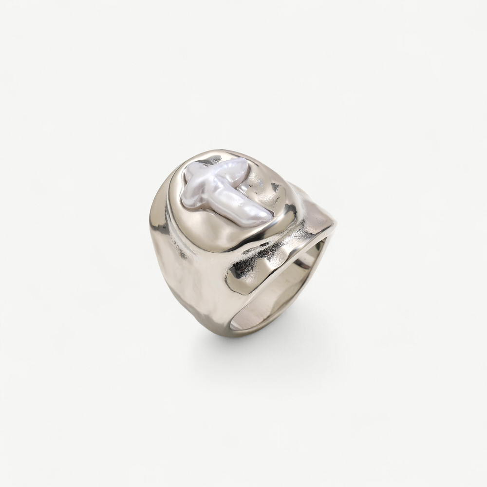 Faux Pearl Cross Signet Ring