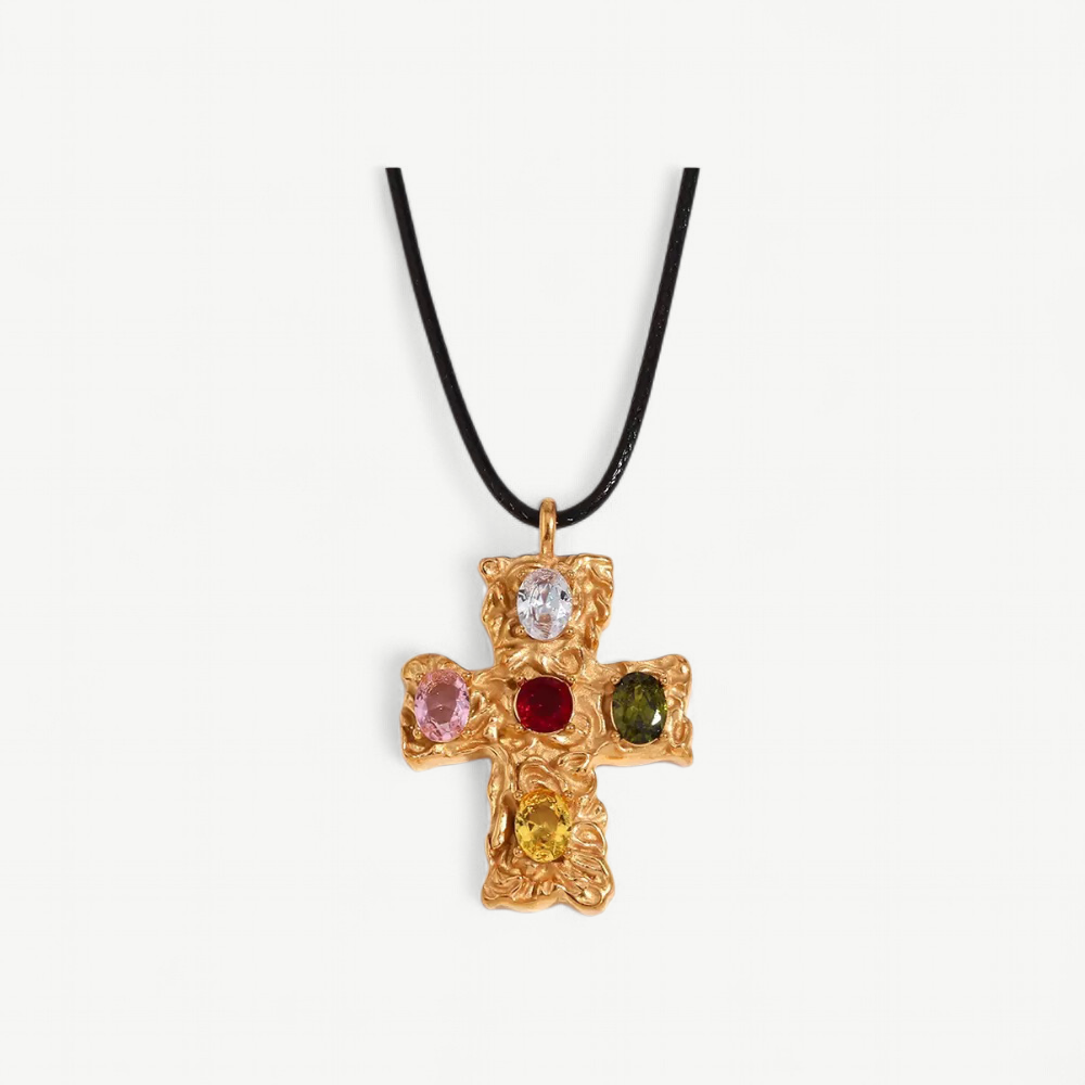 Multi Stone Cross Cord Necklace